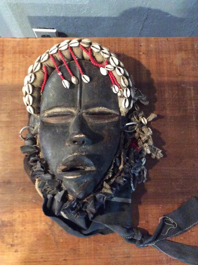 Hand Carved African Dan Tribe Wooden  Mask with Shells Ivory Coast