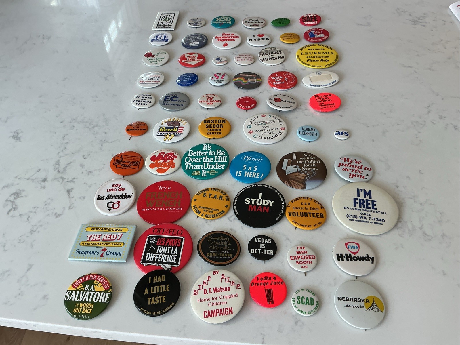 60 Pc 1960s -90s Vintage Mixed Buttons Pins Pinbacks Seagram’s Pfizer OLYMPUS 60 Pc 1960s -90s Vintage Mixed Buttons Pins Pinbacks Seagram’s Pfizer OLYMPUS