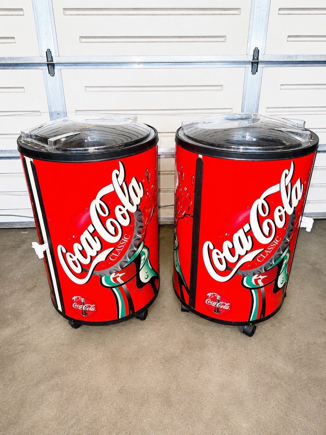 Pair Vintage Coca-Cola Rolling Ice Chest Coolers w/ Drain Store Display Coke