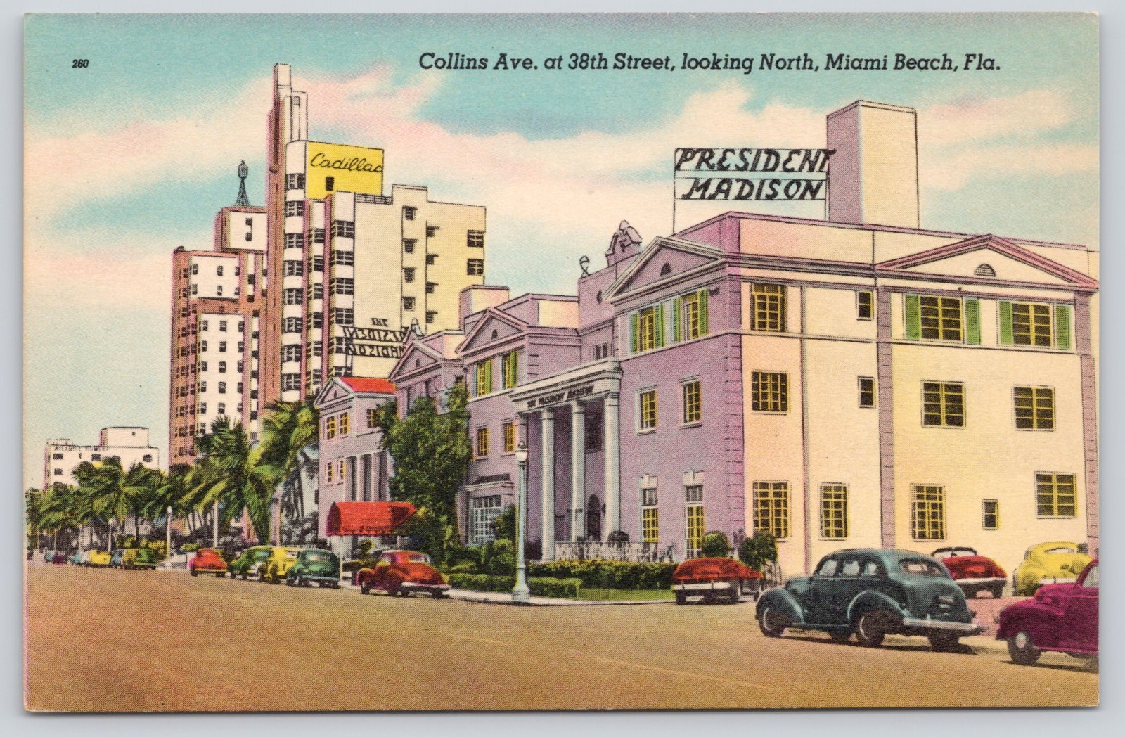 Collins Ave at 38th St, Miami Beach FL Florida Postcard, President Madison Hotel Collins Ave at 38th St, Miami Beach FL Florida Postcard, President Madison Hotel