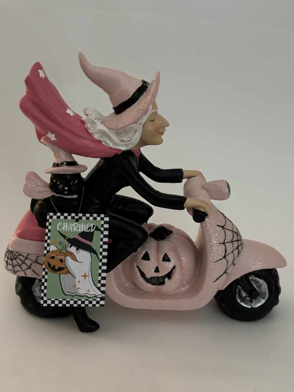 Halloween Witch Riding Pink Motorcycle Scooter Pink Pumpkin Black Cat Figurine