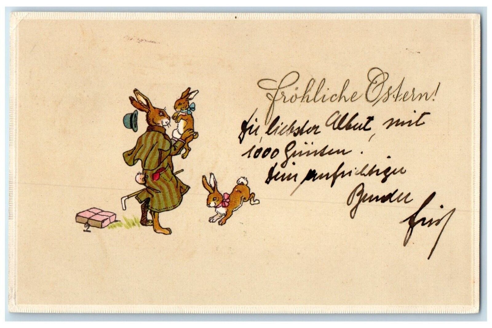 c1910's Anthropomorphic Rabbit Bunnies Embossed Posted Antique Postcard