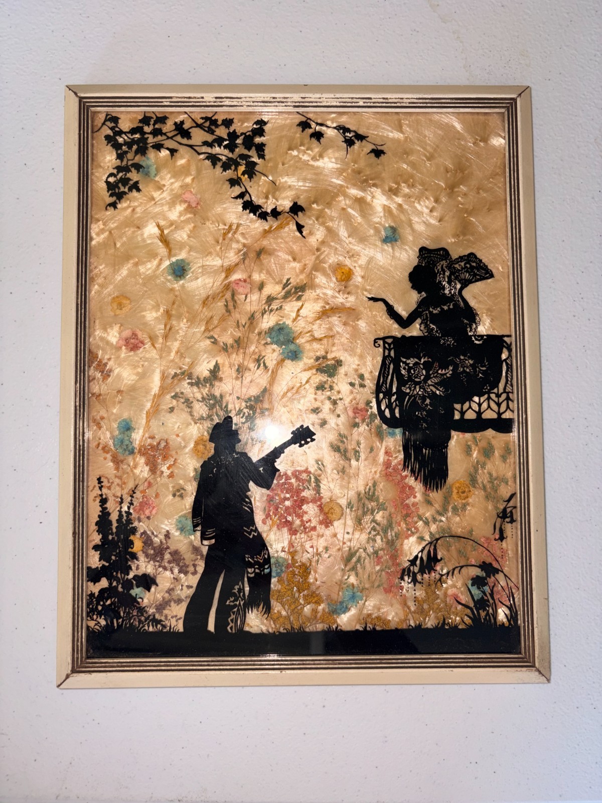 Vintage Glass Milkweed/ Wildflower Framed Silhouette- Man Playing Guitar Vintage Glass Milkweed/ Wildflower Framed Silhouette- Man Playing Guitar