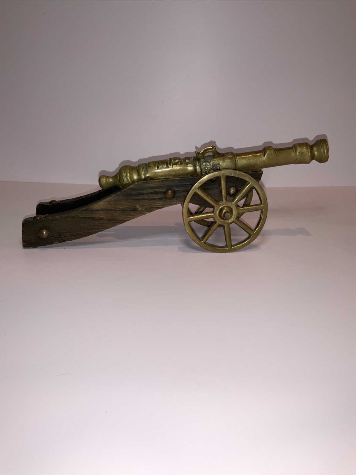 Vintage Antique Decor Non Firing Bronze Brass Wood Wheels Base Moving Cannon 13” Vintage Antique Decor Non Firing Bronze Brass Wood Wheels Base Moving Cannon 13”