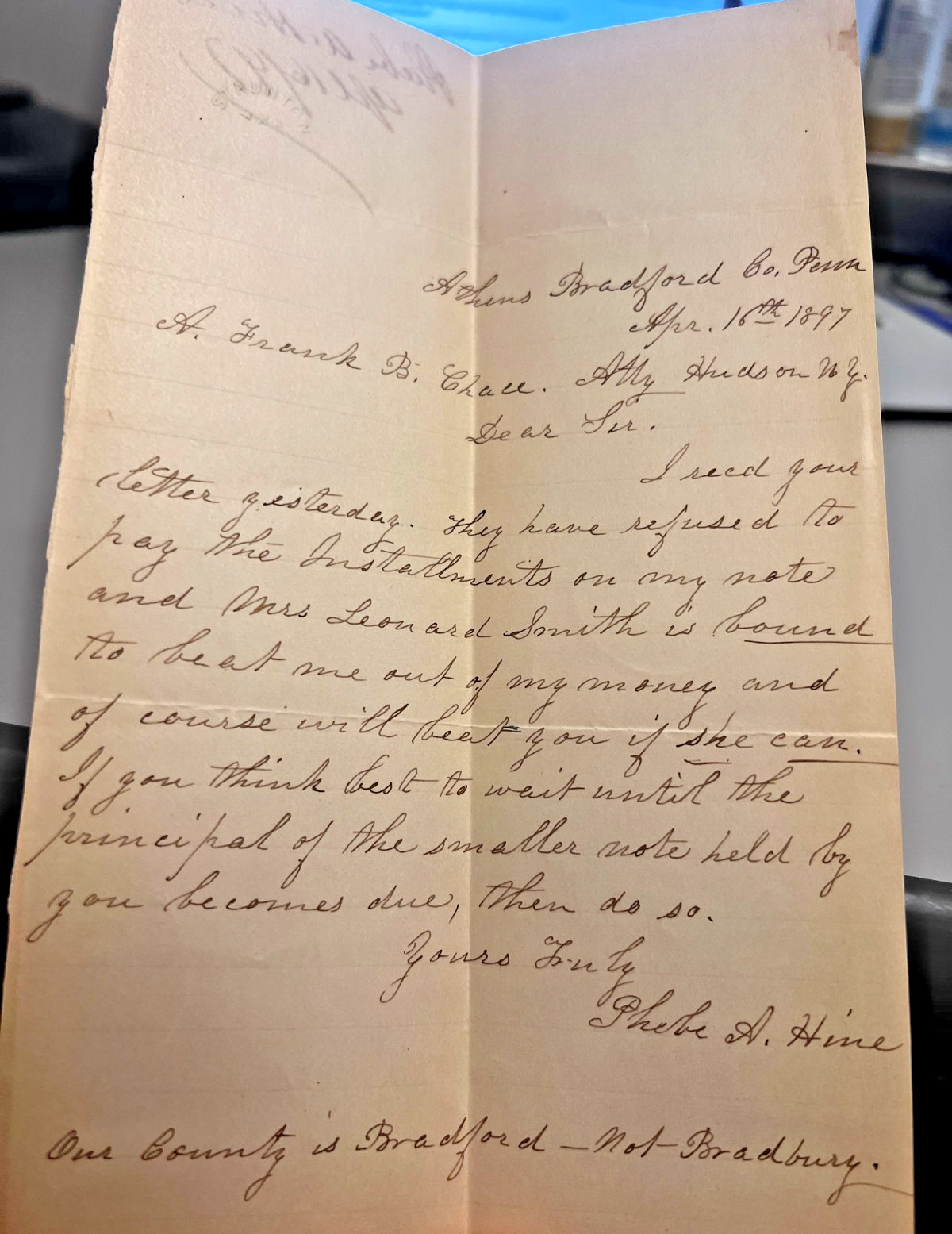 1897 Athens Bradford County PA  Phebe Hine to Frank Chase Signed Legal Letter