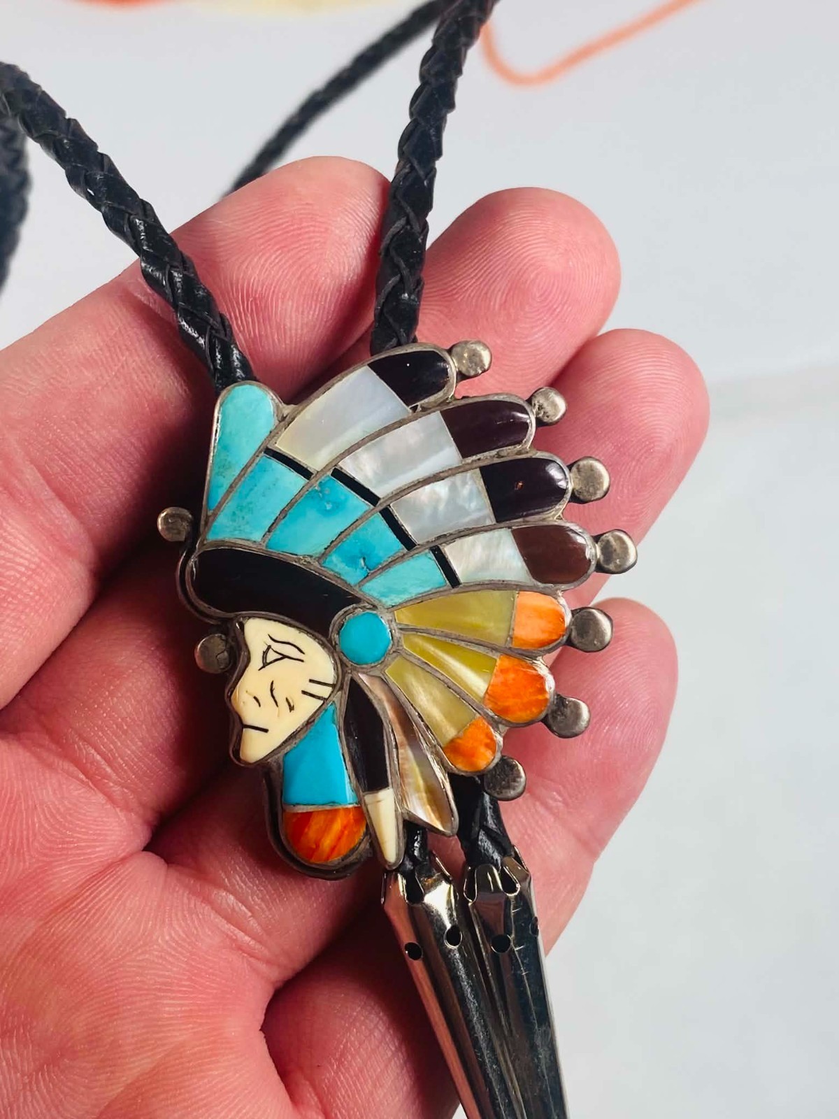 Vintage Native American Zuni Ralph Quam Signed Headdress Comanche Chief Bolo Tie Vintage Native American Zuni Ralph Quam Signed Headdress Comanche Chief Bolo Tie