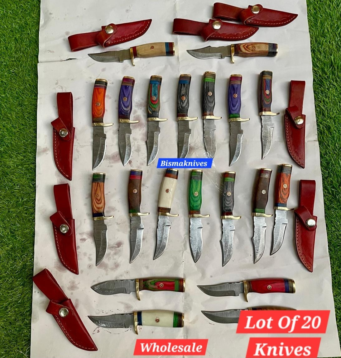WHOLESALE LOT OF 20 CUSTOM HANDMADE DAMASCUS STEEL SKINNER KNIVES WITH SHEATH WHOLESALE LOT OF 20 CUSTOM HANDMADE DAMASCUS STEEL SKINNER KNIVES WITH SHEATH