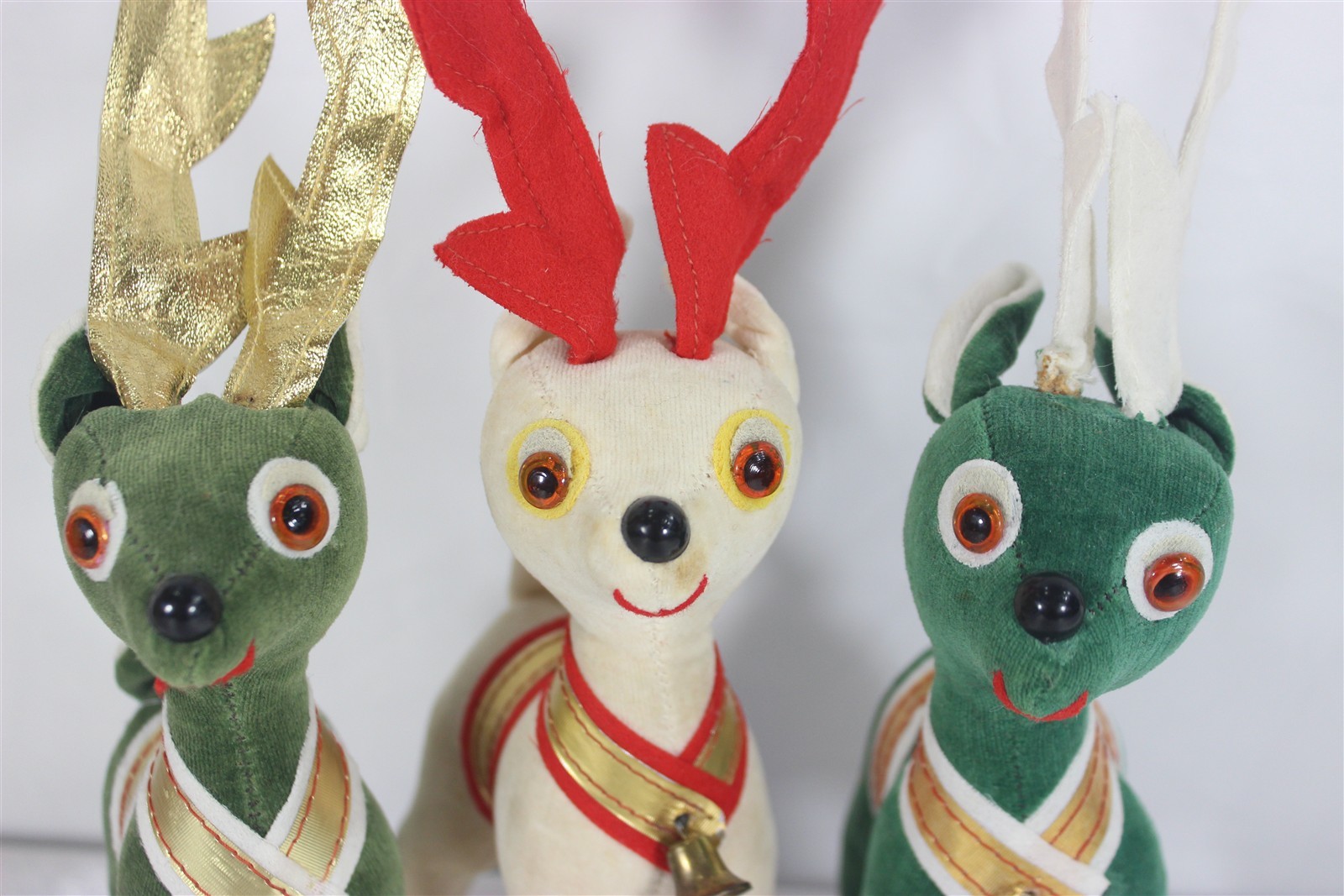 Vintage 1960s Christmas Reindeer Made in Japan Velveteen Qty 3 Bells Tags MCM