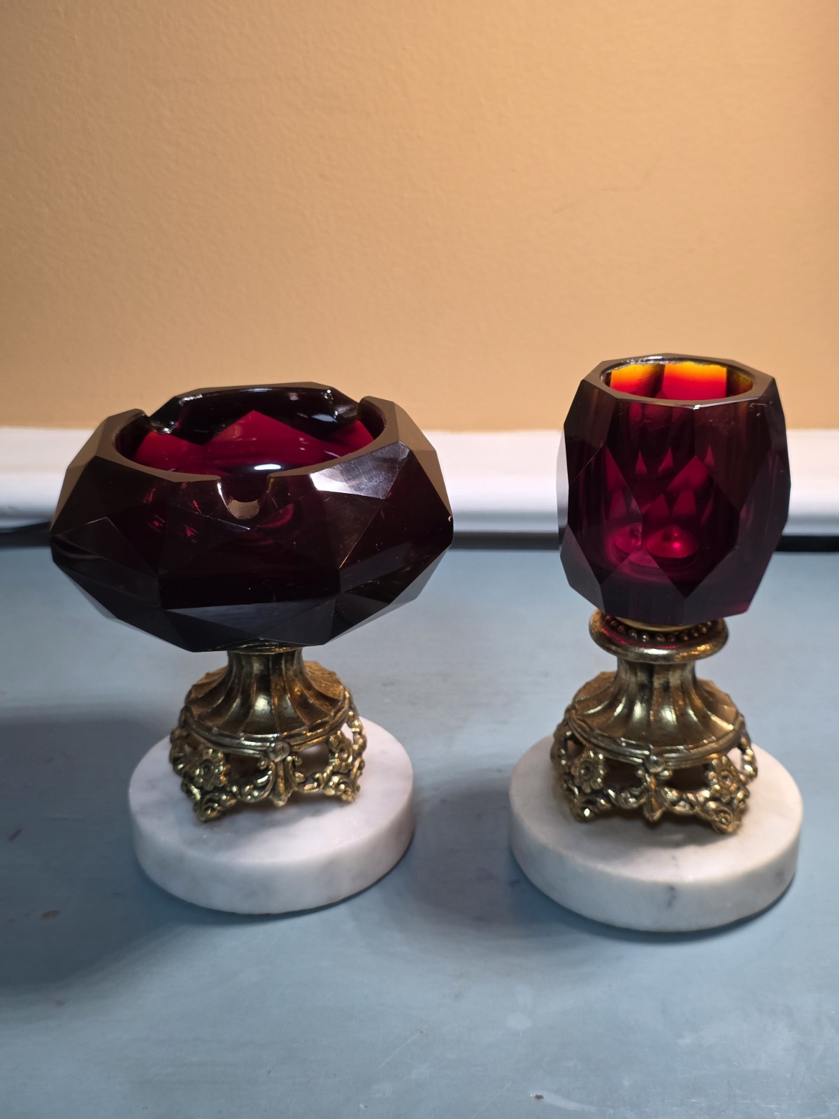 Vintage Amberina Glass & Brass Coffee Table Pedestal Ashtray & Cigarette Holder Vintage Amberina Glass & Brass Coffee Table Pedestal Ashtray & Cigarette Holder