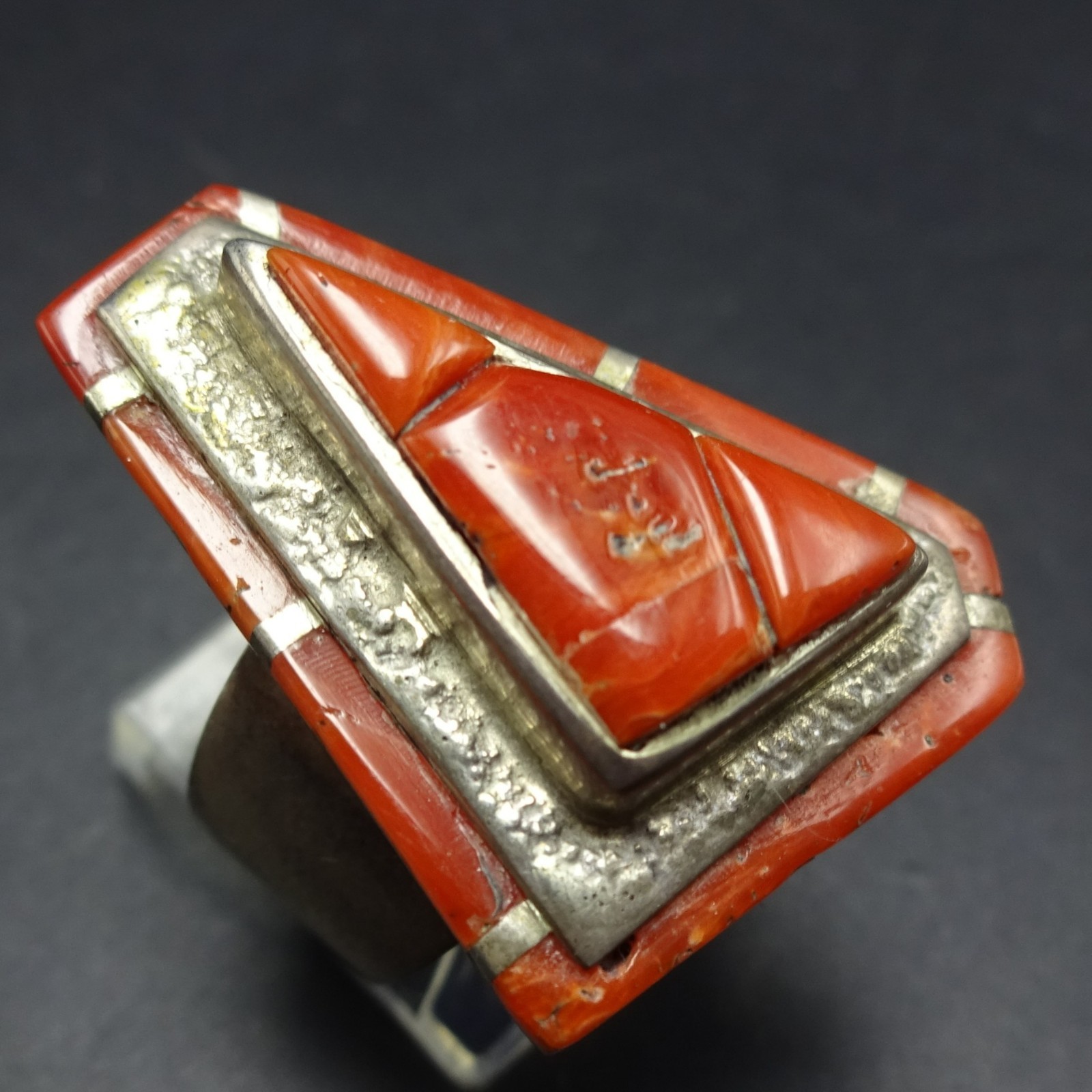 Vintage LARRY CASTILLO Navajo CORAL INLAY Sterling Silver RING size 9.25 Vintage LARRY CASTILLO Navajo CORAL INLAY Sterling Silver RING size 9.25