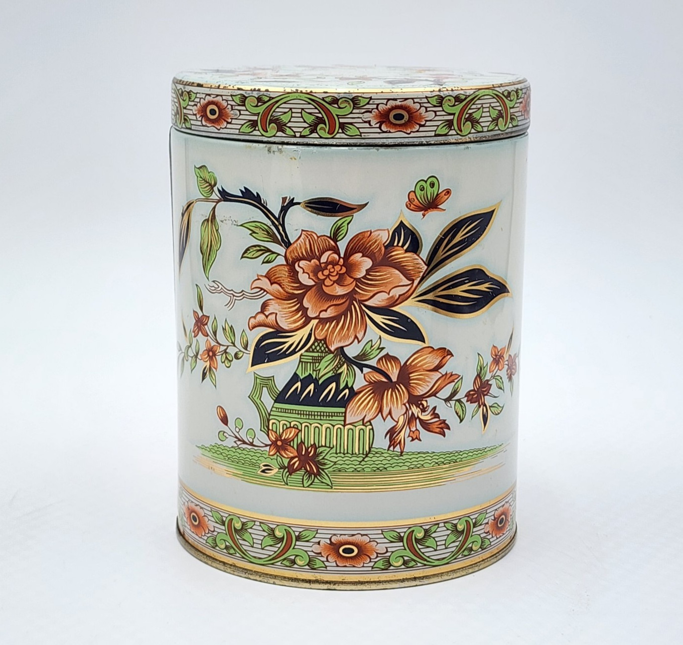Vintage 1970s Daher Peony Butterfly Tea Tin Canister England Chinoiserie
