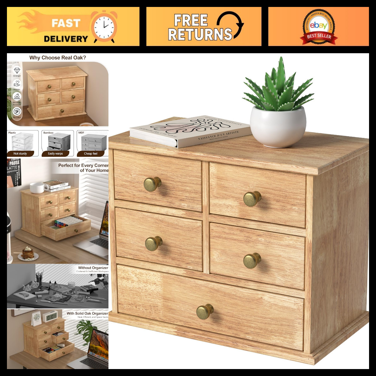 Oak Desk Organizer with Drawers, Durable Wooden Desktop Storage Box