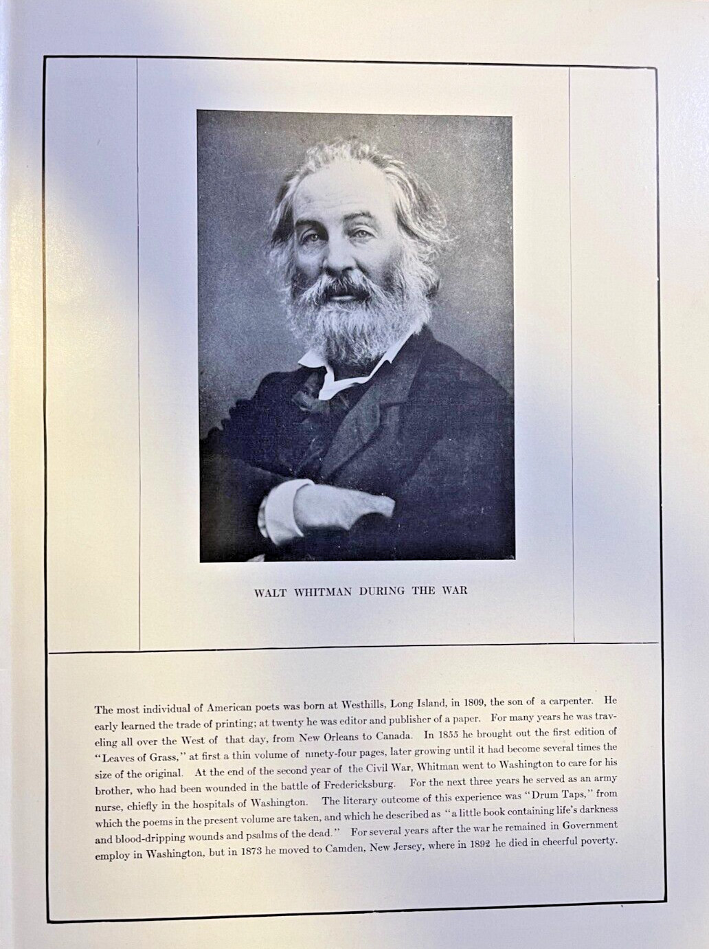 1912 Vintage Illustration Poet Walt Whitman During Civil War 1912 Vintage Illustration Poet Walt Whitman During Civil War