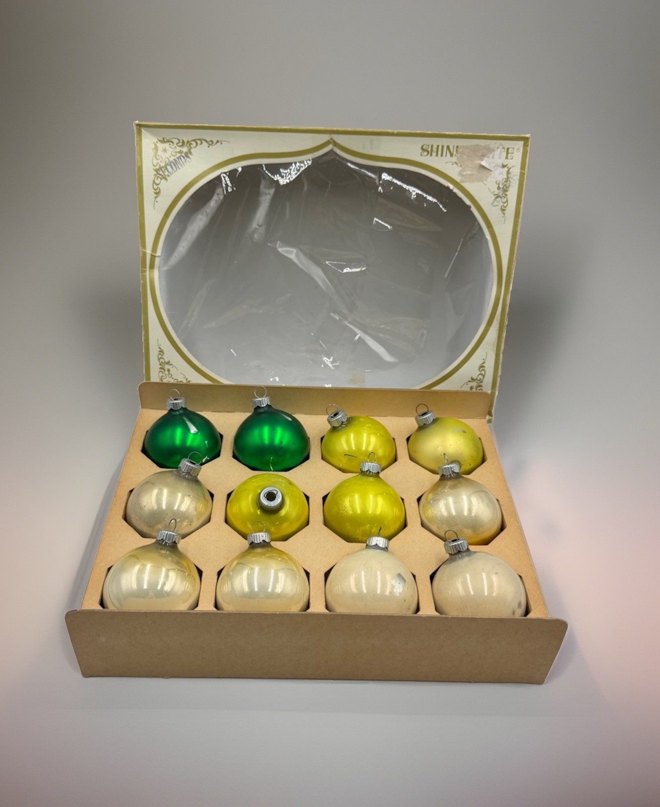 Vintage Shiny Brite 12 Glass Ornaments USA Green Yellow Silver SECONDS Box