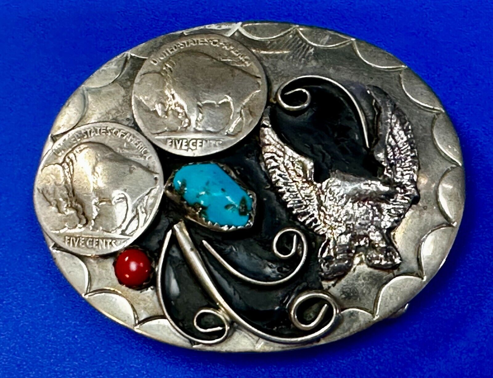 Native American Buffalo Nickels Turquoise Coral Majestic Eagle Vtg. Belt Buckle