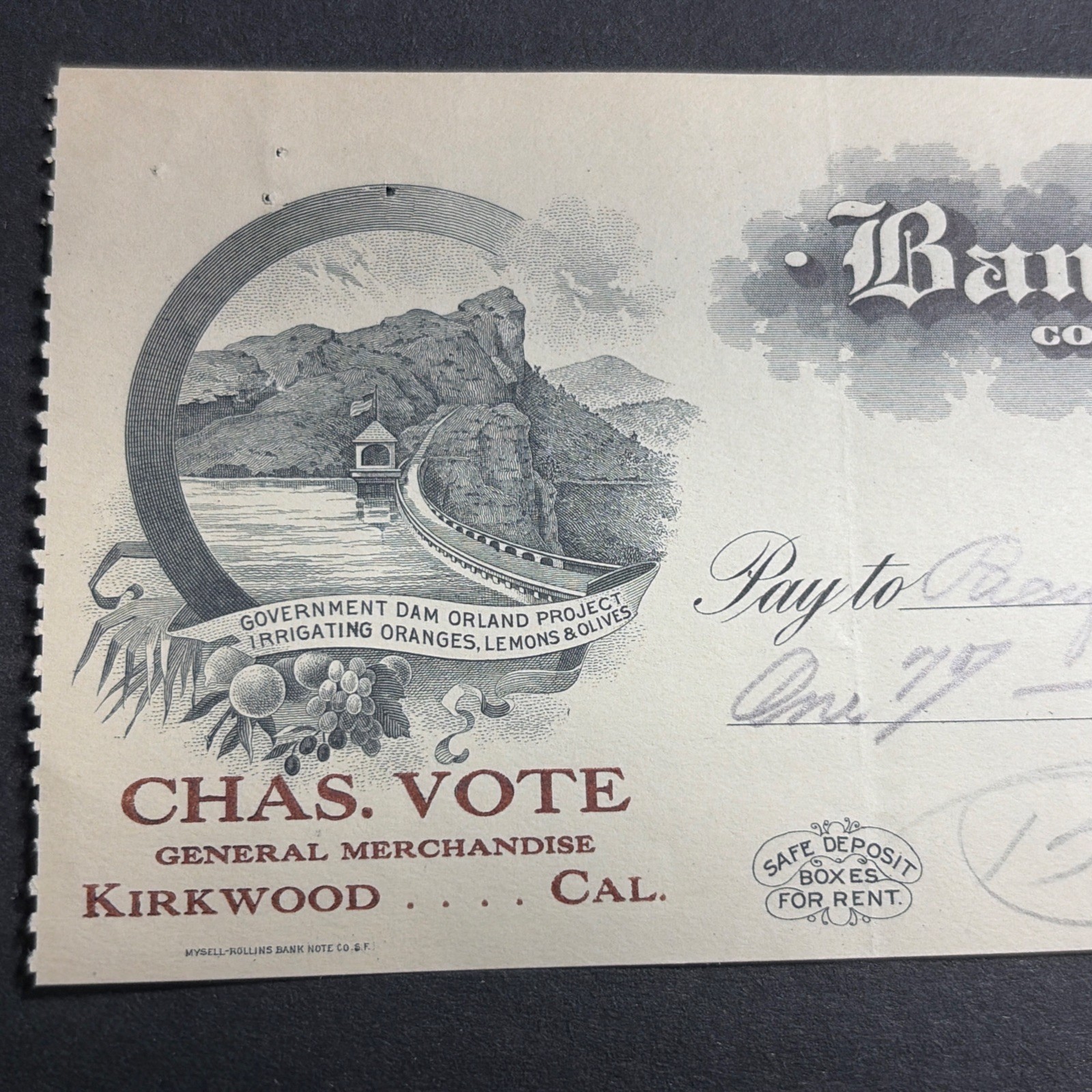 1915 Bank Check Of Orland California Dam Vignette Gen Merch Kirkwood California 1915 Bank Check Of Orland California Dam Vignette Gen Merch Kirkwood California
