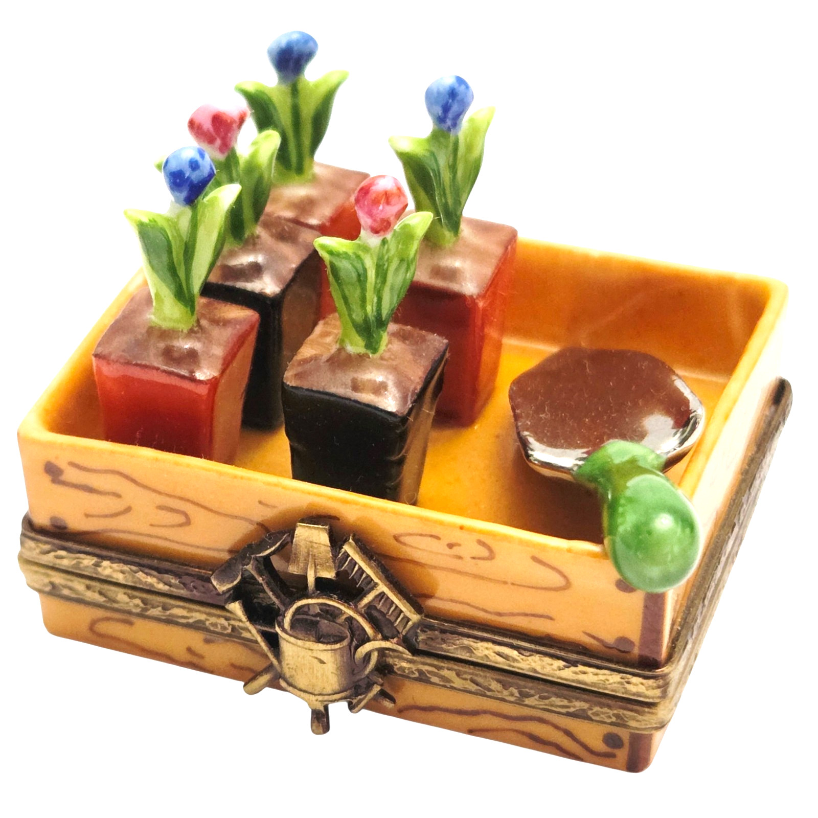 Rochard Limoges France Peint Main Potted Tulips Trowel Porcelain Trinket Box Rochard Limoges France Peint Main Potted Tulips Trowel Porcelain Trinket Box