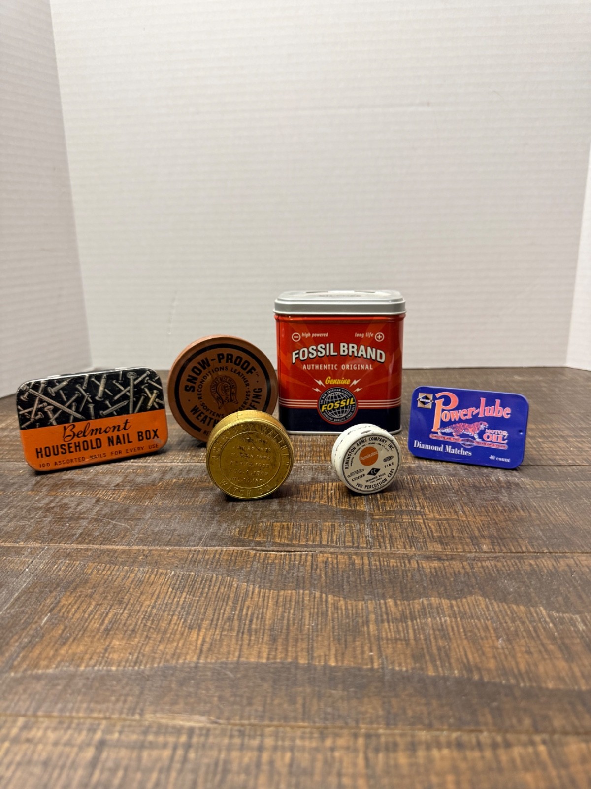 Vintage Advertising Tins Remington Caps Waltham Watch Belmont Nail Box Lot of 6 Vintage Advertising Tins Remington Caps Waltham Watch Belmont Nail Box Lot of 6
