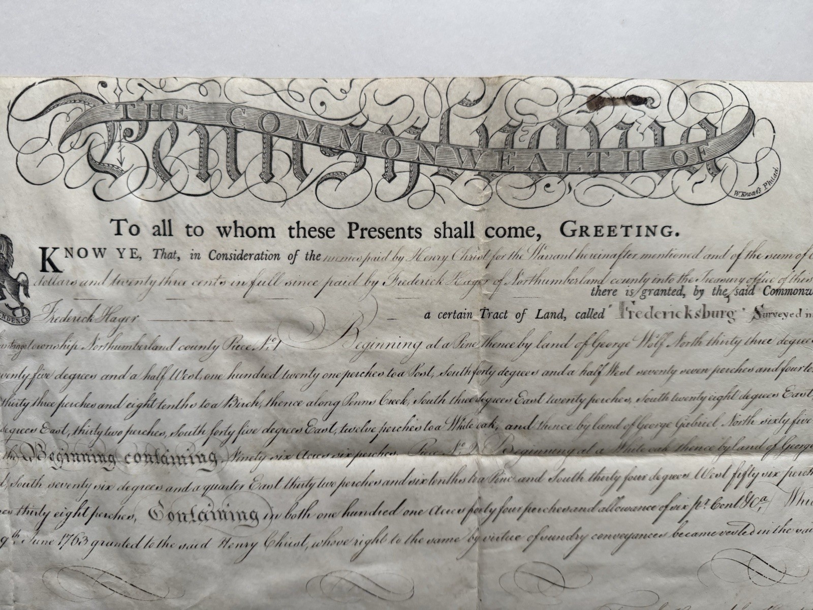 1810 Fredericksburg Pennsylvania Land Grant 1810 Fredericksburg Pennsylvania Land Grant