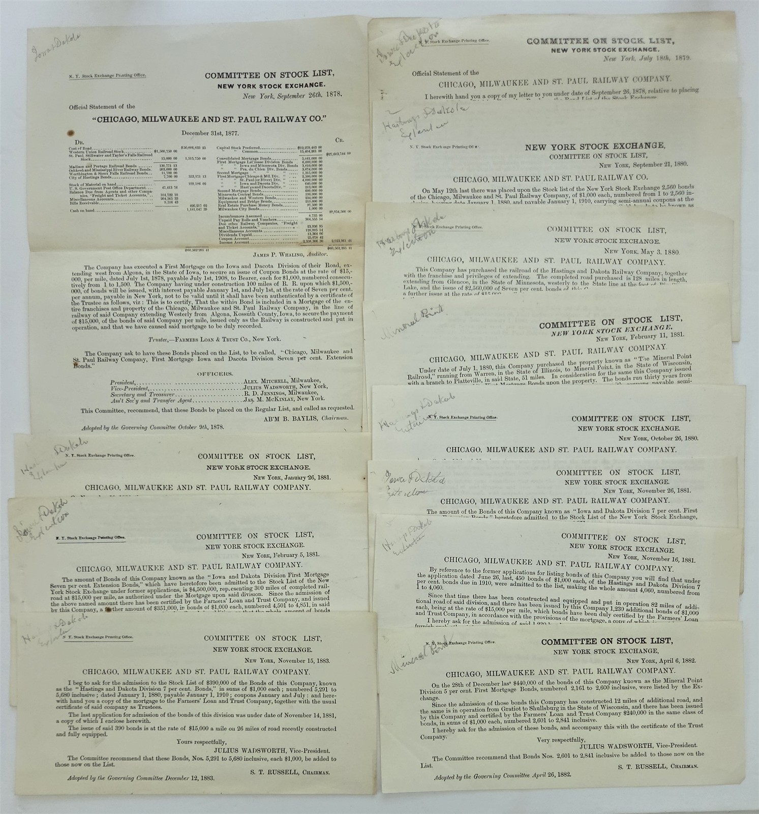1878-1883 antique CHICAGO MILWAUKEE ST PAUL RAILWAY NY STOCK EXCHANGE 12pc lot