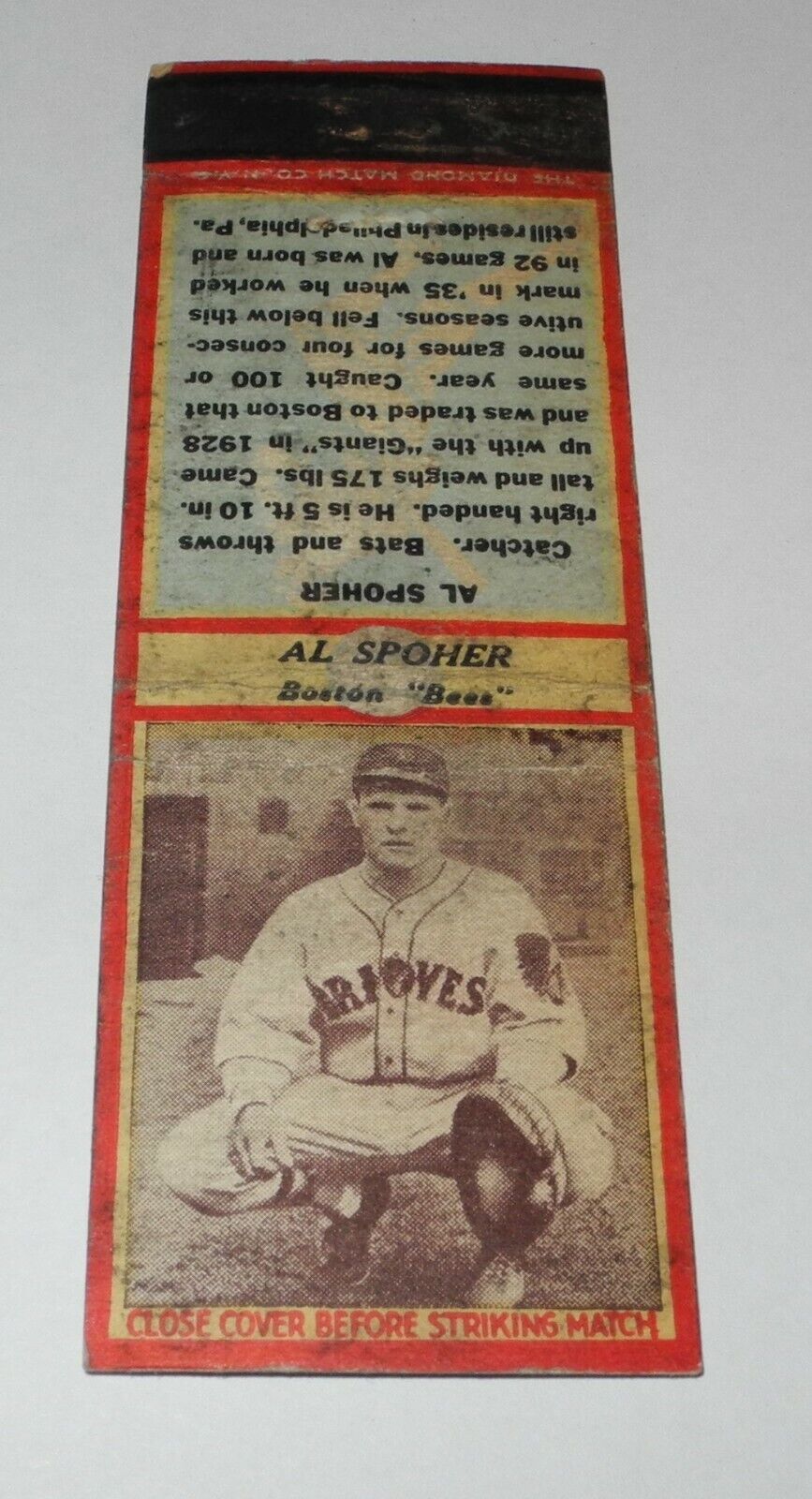 1935-36 Diamond Matchbook Baseball Photo Pin Al Spohrer Boston Bees
