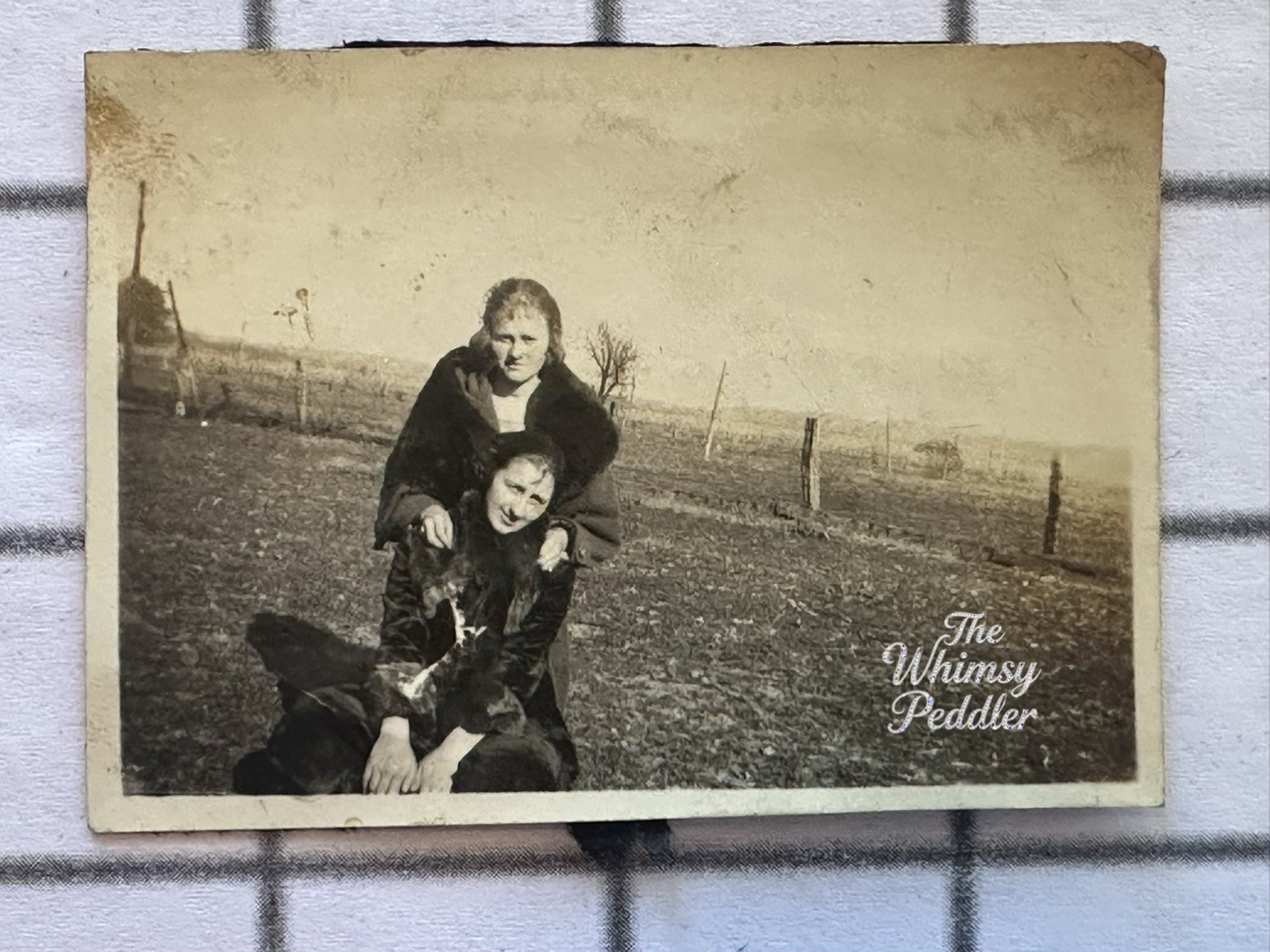 Vintage 1910s Two Women Playful Pose Rural Farm Field Snapshot Photo Vintage 1910s Two Women Playful Pose Rural Farm Field Snapshot Photo