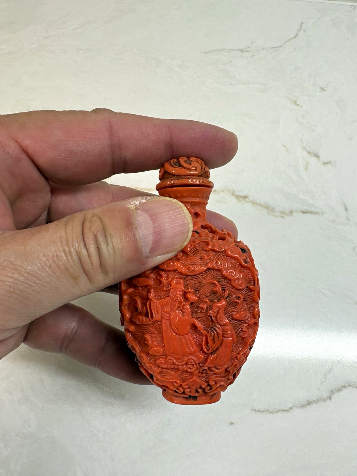 Chinese Carved Red Snuff Bottle, Figure & Dragon Design, Decorative Collectible Chinese Carved Red Snuff Bottle, Figure & Dragon Design, Decorative Collectible