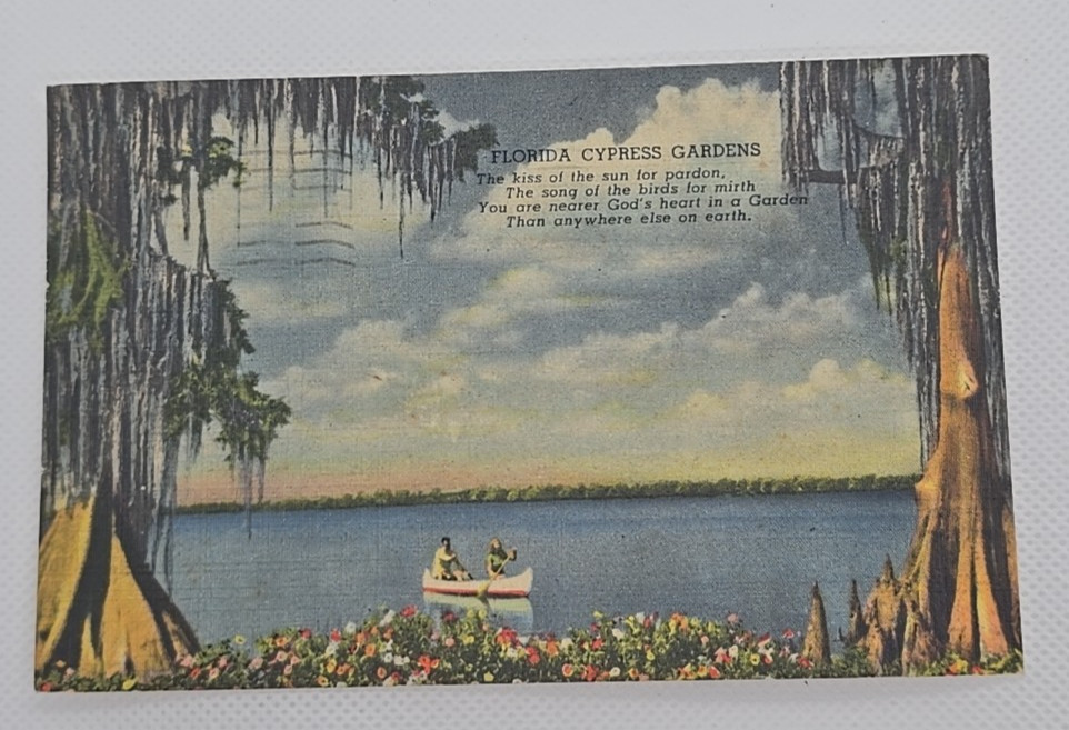 Vintage 1940\'s Florida Cypress Gardens Linen Postcard Posted Canoeing Flowers Vintage 1940\'s Florida Cypress Gardens Linen Postcard Posted Canoeing Flowers