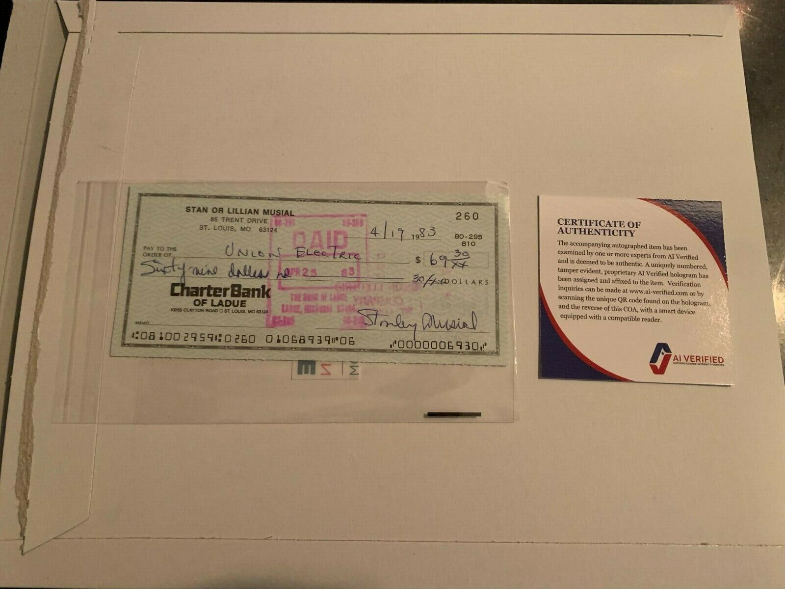 Stan Musial - Signed/Auto Hand-Written - 1983 Personal Bank Check (AIV COA)