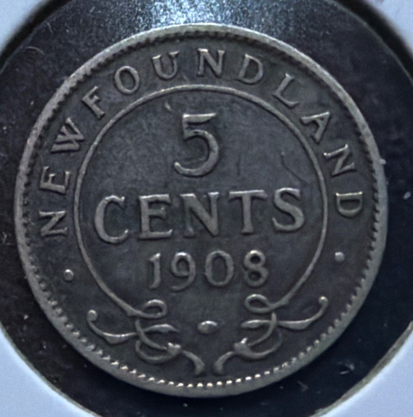 1908 Newfoundland-Canada 5 Cents Silver Coin-Edward VII-KM#7-MINTAGE=400,000 1908 Newfoundland-Canada 5 Cents Silver Coin-Edward VII-KM#7-MINTAGE=400,000