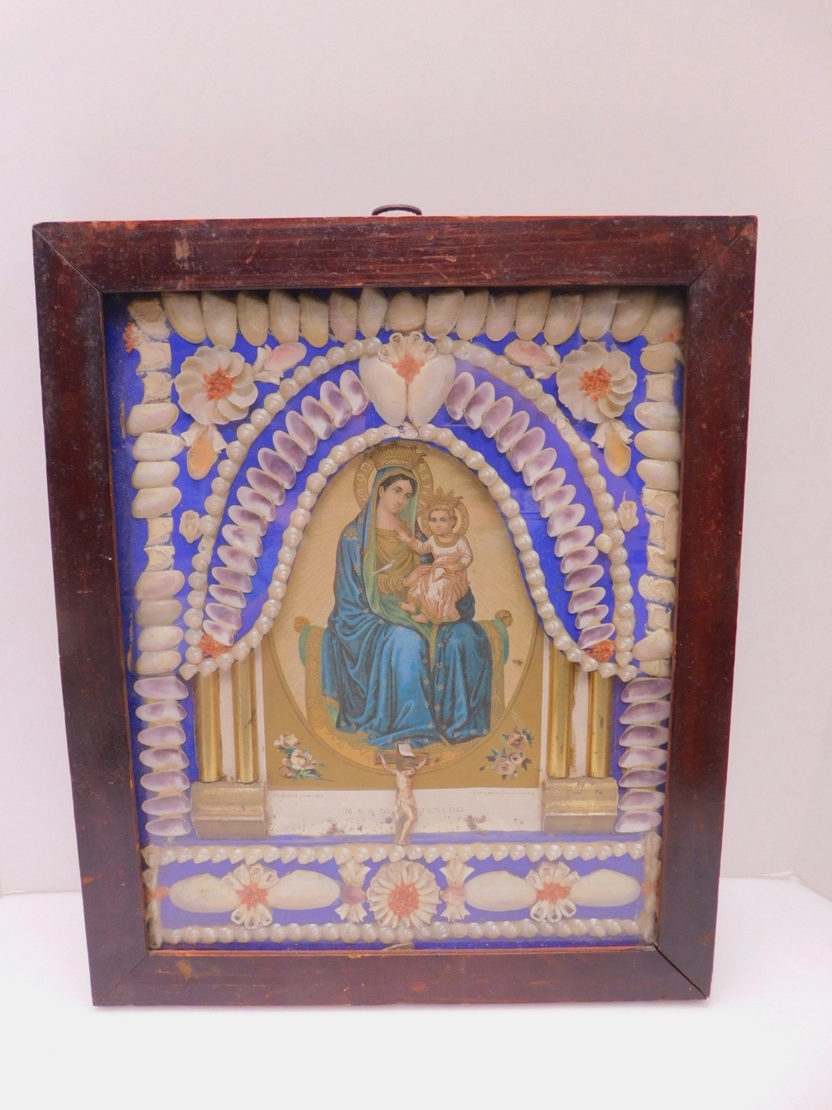 Antique Madonna & Child Shell Coral Shadow Box Painting Reliquary Teca Santo Antique Madonna & Child Shell Coral Shadow Box Painting Reliquary Teca Santo