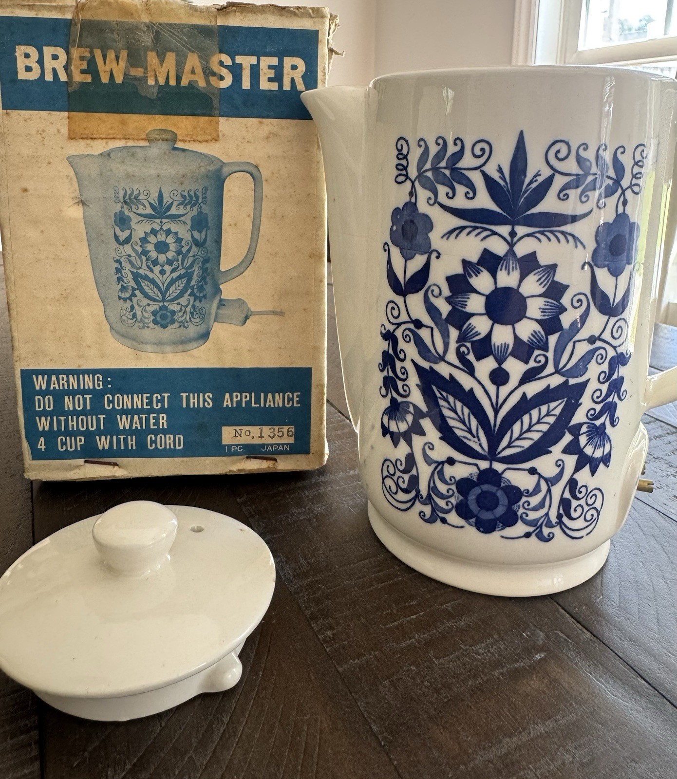 Vintage 1970s Brew-Master Electric Ceramic Hot Water Pot Blue Floral No. 1356 Vintage 1970s Brew-Master Electric Ceramic Hot Water Pot Blue Floral No. 1356