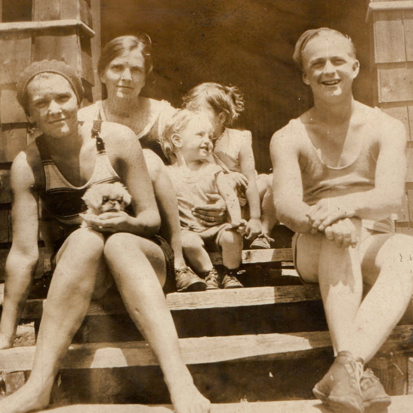 c1920s Cabin Barefoot Woman Pekingese Dog Swimwear Snapshot Photo Family Summer