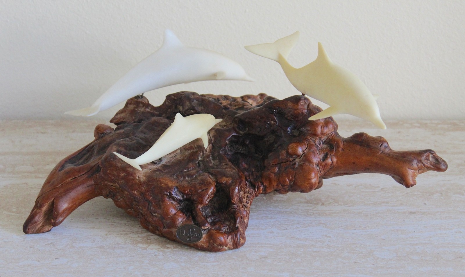 Vintage John Perry Dolphin Pod Sculpture on Natural Burlwood Base – 14\