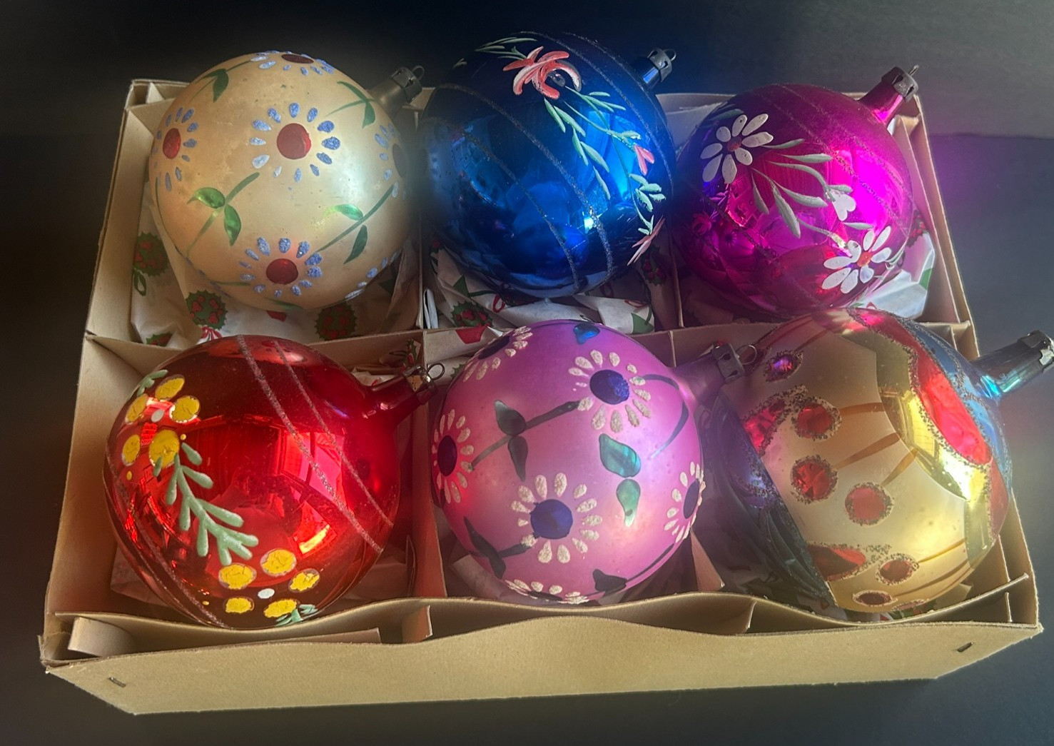 6 Large Vintage Glass Christmas Ornaments Handpainted  3.5\
