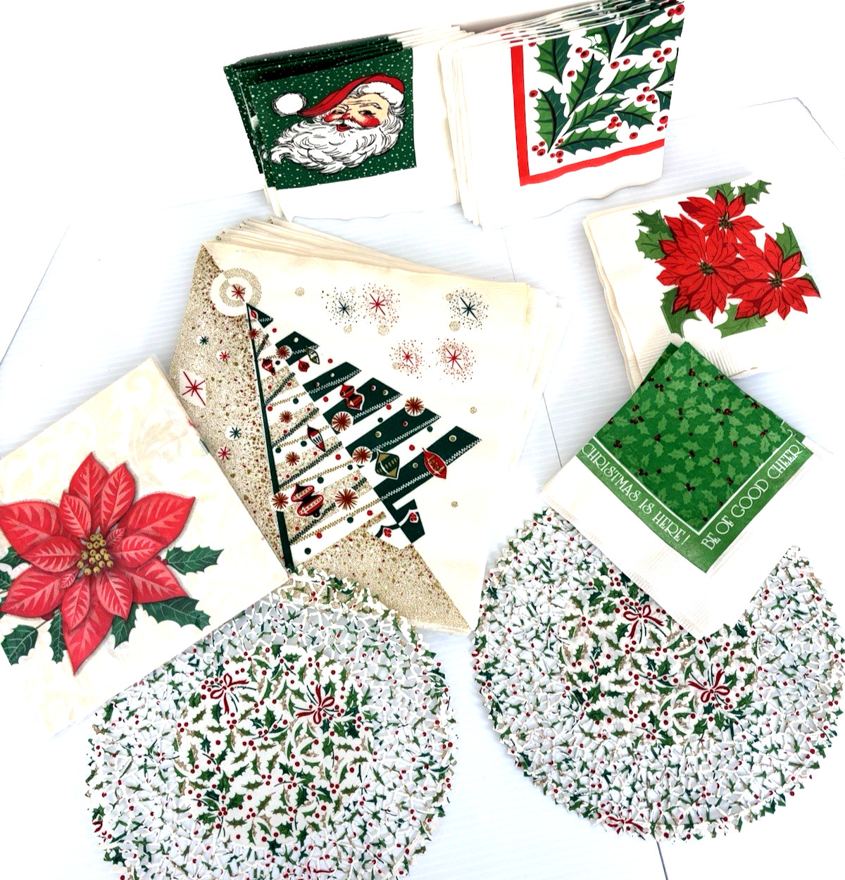 VTG LOT 47 Christmas Paper Napkins 1950s Atomic Trees Santa Poinsettias Holly