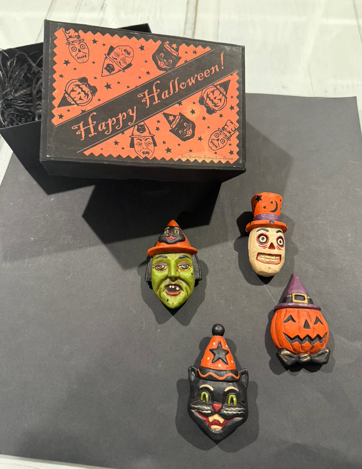 Bethany Lowe Greg Guedel Halloween 4 Pins Witch, Cat, Pumpkin, Skeleton Boxed