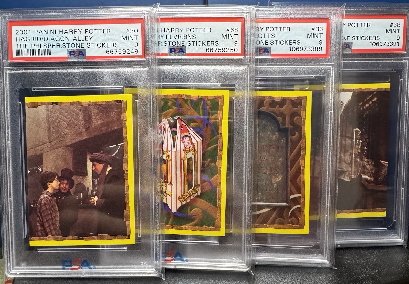 2001 Panini Harry Potter & Philosopher’s Stone Sticker 30 33 38 68 PSA 9 2001 Panini Harry Potter & Philosopher’s Stone Sticker 30 33 38 68 PSA 9