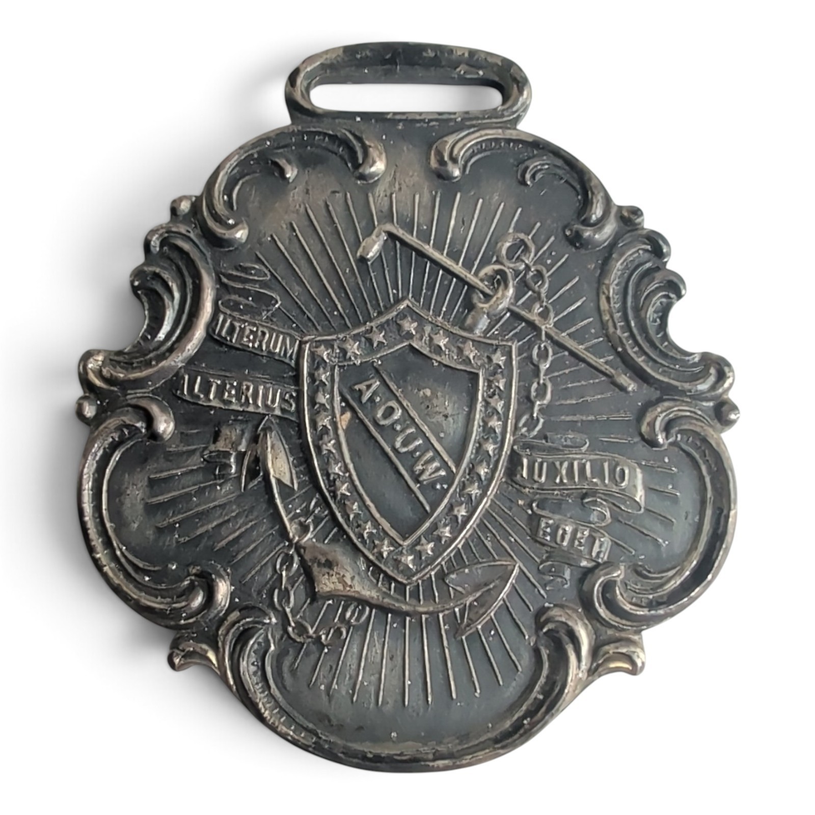 Antique AOUW Watch Fob Whitehead Hoag Fraternal Medal Alterum Alterius Auxilium Antique AOUW Watch Fob Whitehead Hoag Fraternal Medal Alterum Alterius Auxilium