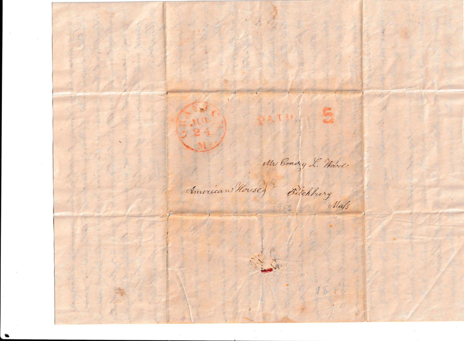 1848 Grafton NH Stampless Letter PAID 5 Wagon Accident Fitchburg MA