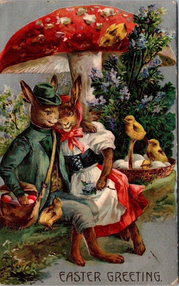 Rare~Dressed Romantic Bunny Rabbits~Chicks & Mushroom 1910~Easter Postcard~s702 Rare~Dressed Romantic Bunny Rabbits~Chicks & Mushroom 1910~Easter Postcard~s702