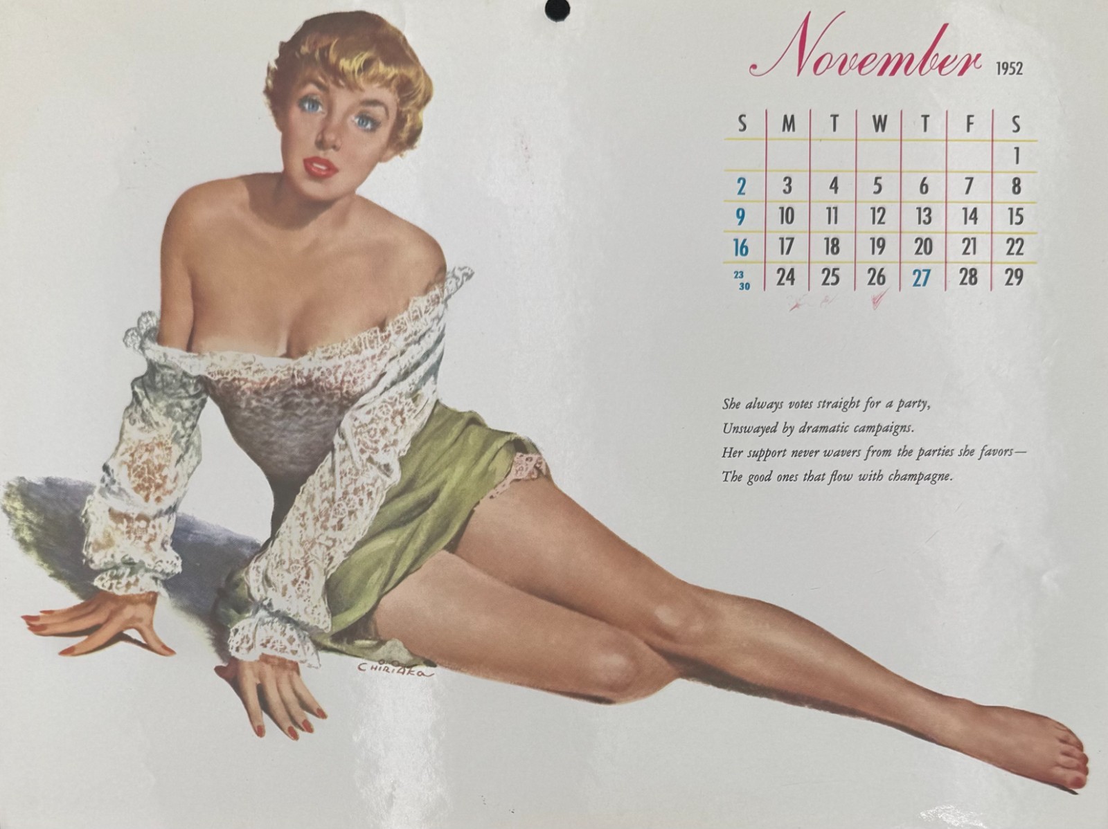 Ernest Chiriacka November 1952 Esquire Pin Up Calendar Original Vintage