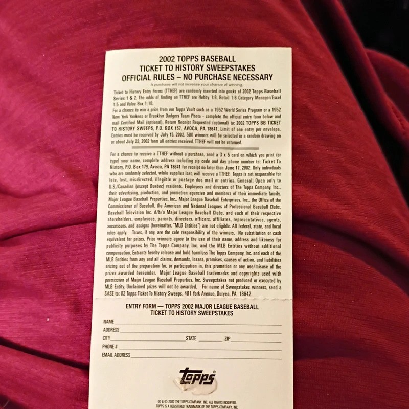 2002 Topps Baseball Ticket to History Sweepstakes 1952 World Series Replica Game 2002 Topps Baseball Ticket to History Sweepstakes 1952 World Series Replica Game