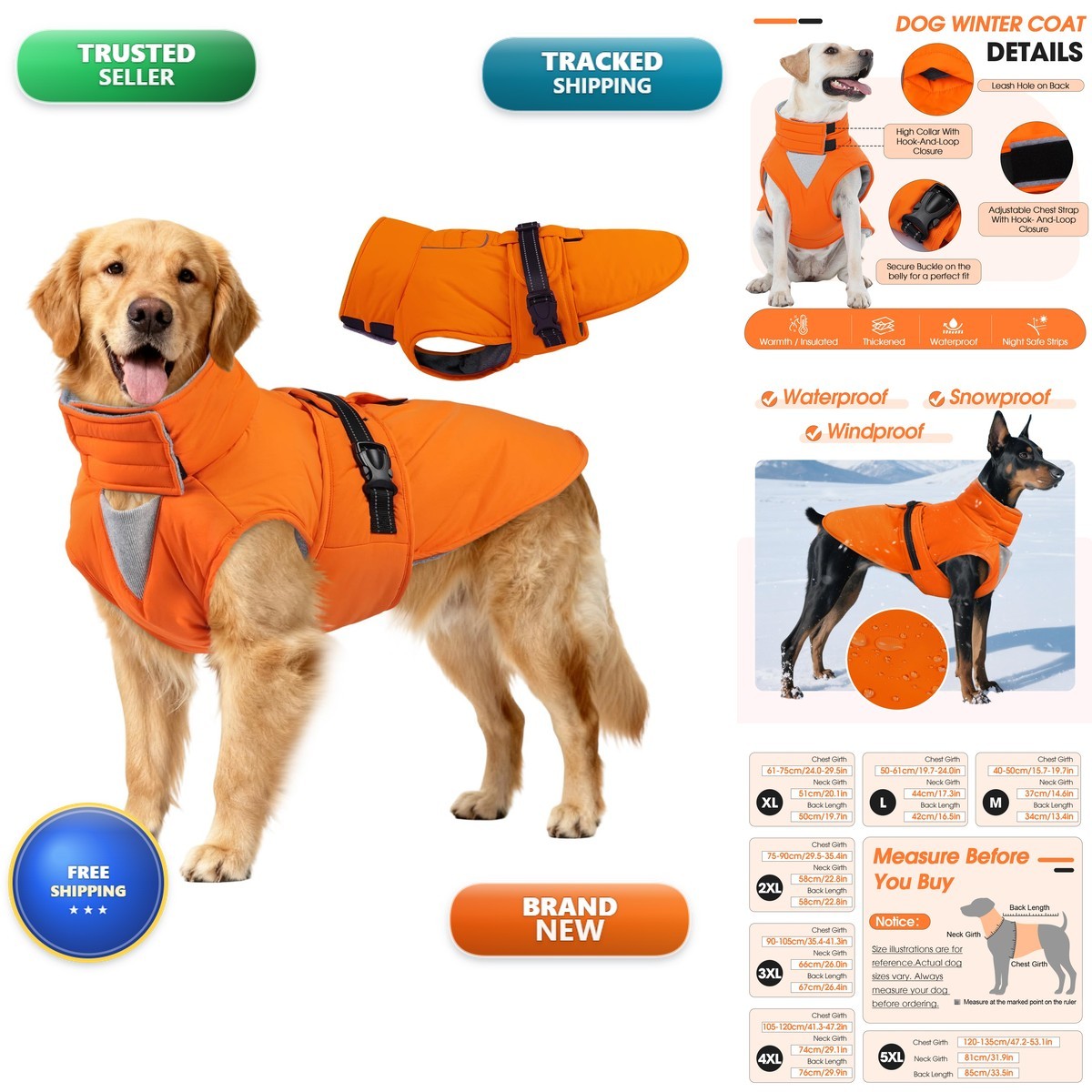 OUOBOB Large Waterproof Dog Jacket with Fleece Lined, Orange XL