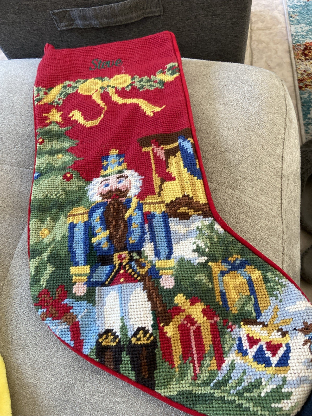 Land\'s End wool needlepoint Christmas stocking Nutcracker Presents “Steve” Land\'s End wool needlepoint Christmas stocking Nutcracker Presents “Steve”