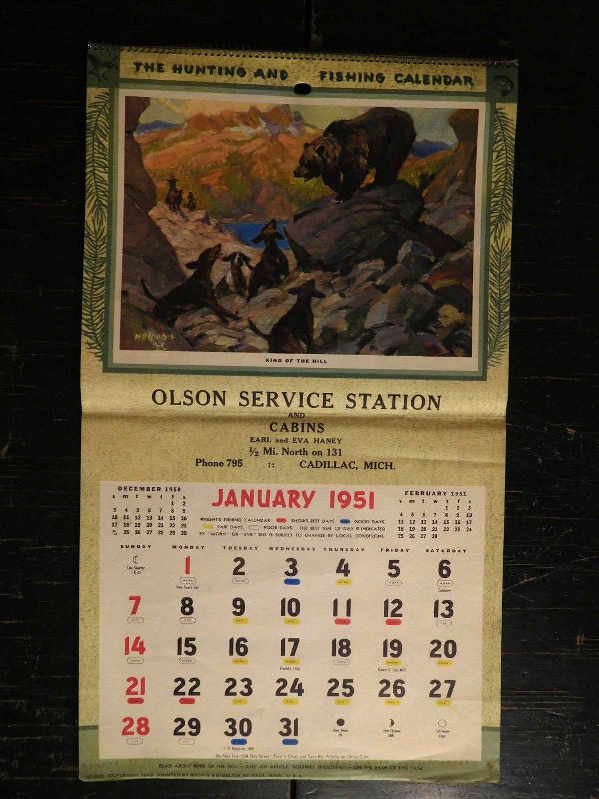 Vintage 1951 Cadillac, Michigan Olson's Serv. & Cabins Hunting Fishing Calendar