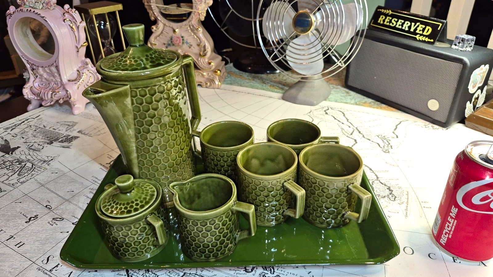 Vintage Japan Avocado Green Honeycomb Coffee Set Pot 4 Mugs Cream Sugar Tray