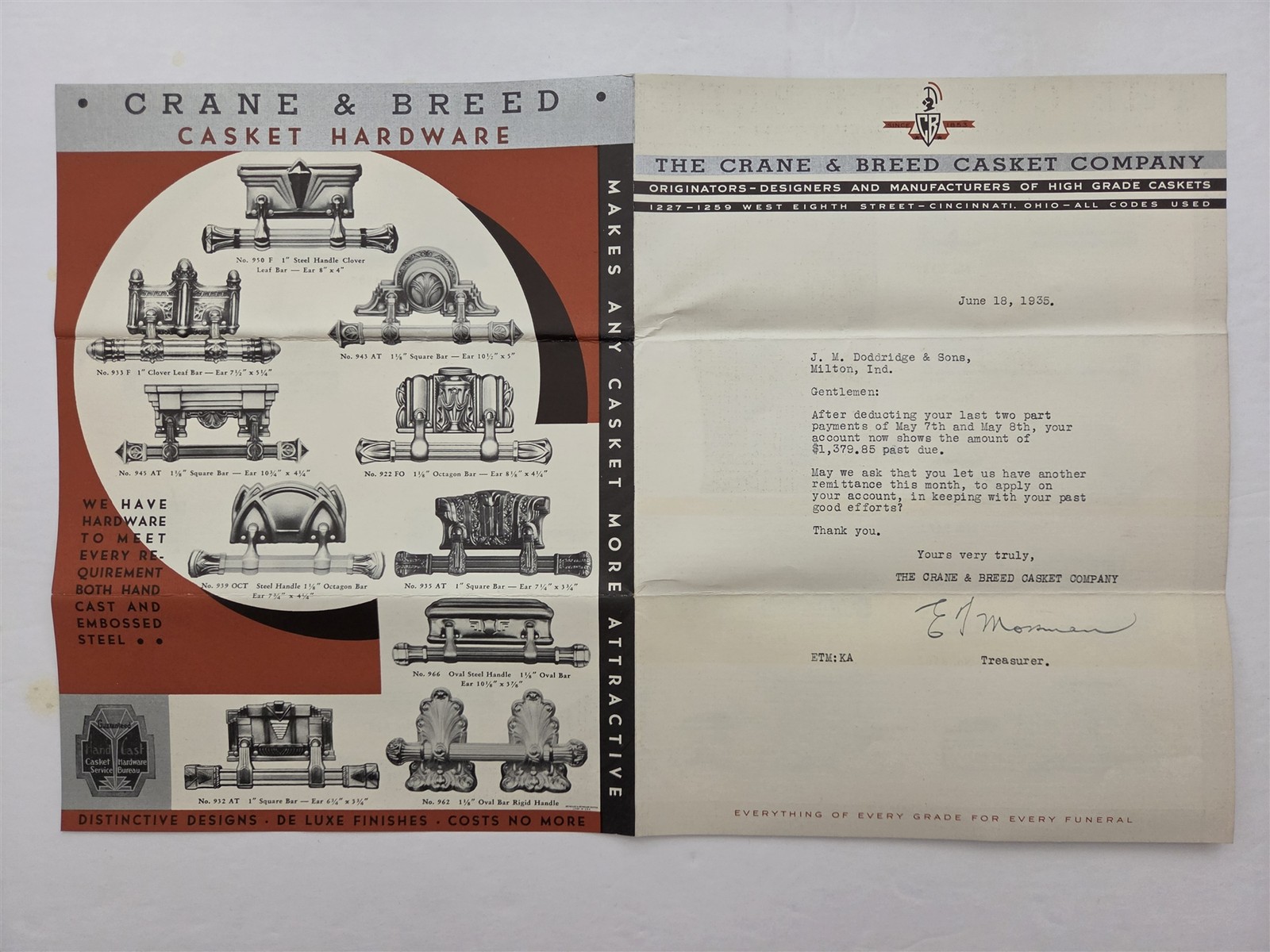 1935 antique CRANE & BREED CASKET Co cincinnati oh FUNERAL CASKETS HW CATALOG 4p