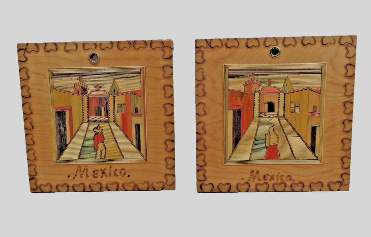 2 Vintage Mexican Popotillo Straw Folk Art Mosaic Wall Plaques 4.5