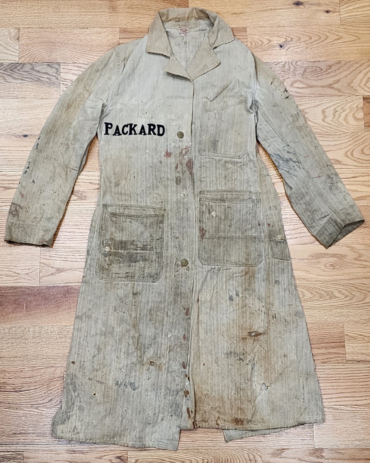 1940's Packard Motor Car Mechanic Fincks Red Bar Denim Union Made Jacket Size 32 1940's Packard Motor Car Mechanic Fincks Red Bar Denim Union Made Jacket Size 32